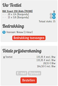 screenshot van een winkelmandje gevuld met kleding om te bedrukken